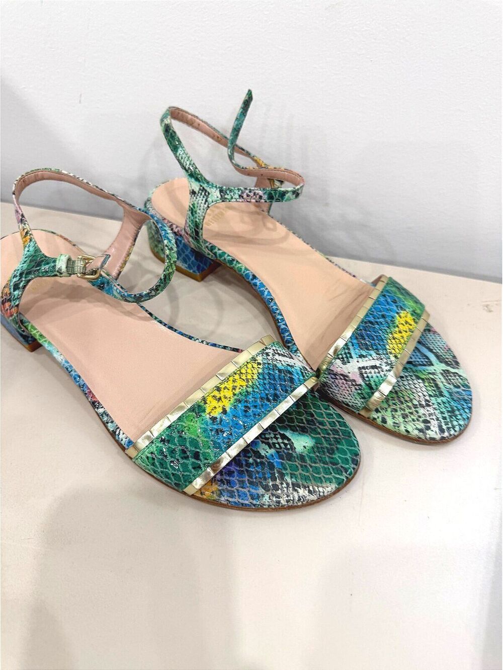 Stuart Weitzman Size 7.5 Colorful Snake Print Low Heel Sandals with Ankle Strap